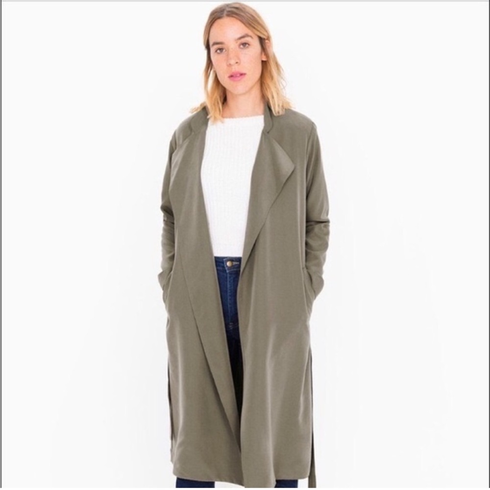 American Apparel Dylan Long Belted Trench Coat Olive Green